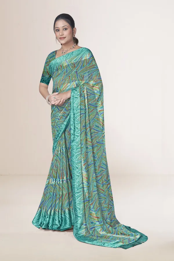 Turquoise_Printed_Saree_With_Matching_Blouse