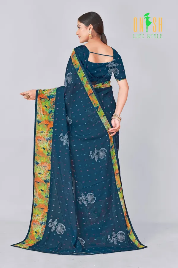 Teal_Blue_Bandhani_Print_Saree_With_Floral_Border