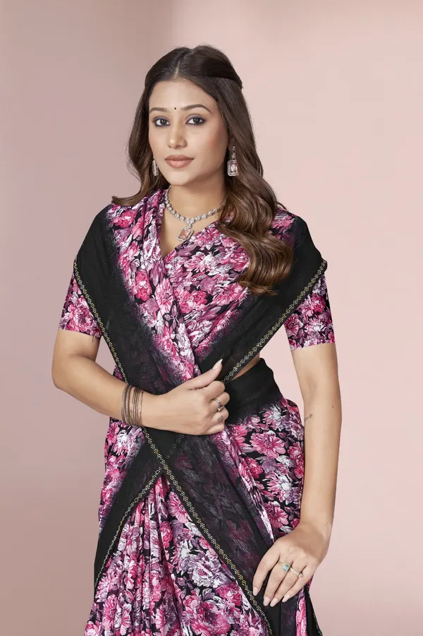 Pink_Floral_Print_Saree_With_Black_Border_And_Matching_Blouse