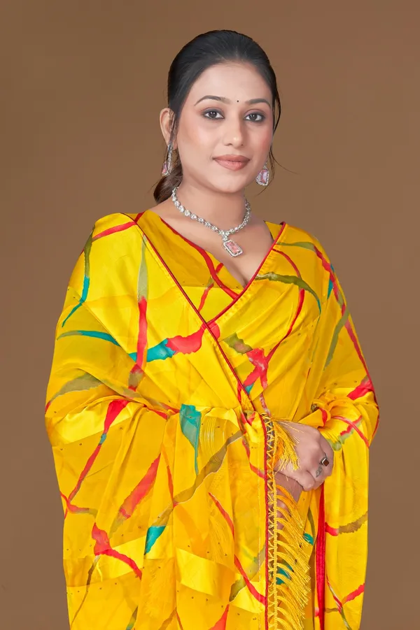 Bright_Yellow_Leheriya_Print_Saree_With_Multicolor_Stripes
