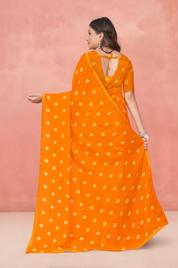 Orange_Bandhani_Georgette_Saree_With_Golden_Buttis