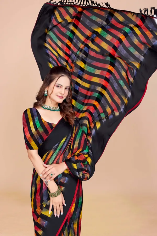 Black_Multicolor_Striped_Satin_Silk_Saree_With_Printed_Border