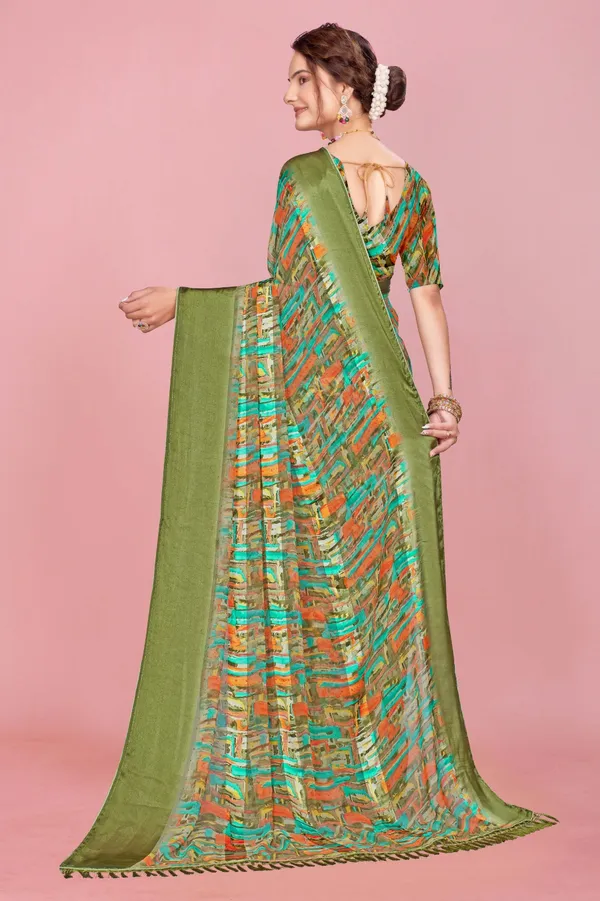 Olive_Green_Printed_Saree_With_Multicolor_Abstract_Print_And_Matching_Blouse