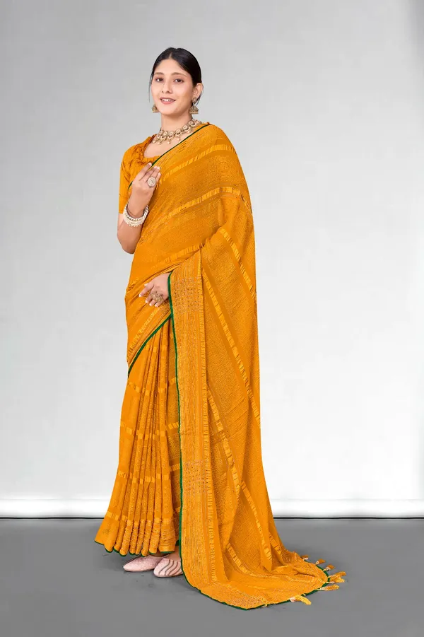 Golden_Yellow_Saree_With_Green_Border_And_Tassels_-_Traditional_Ethnic_Wear
