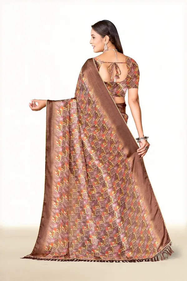 Brown_Geometric_Print_Silk_Saree_With_Matching_Blouse
