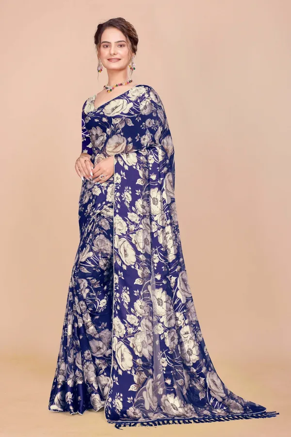 Navy_Blue_Floral_Print_Saree_With_Blouse