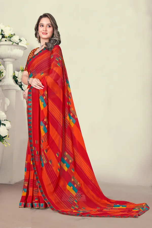 Vibrant_Red_And_Orange_Printed_Georgette_Saree_With_Blouse