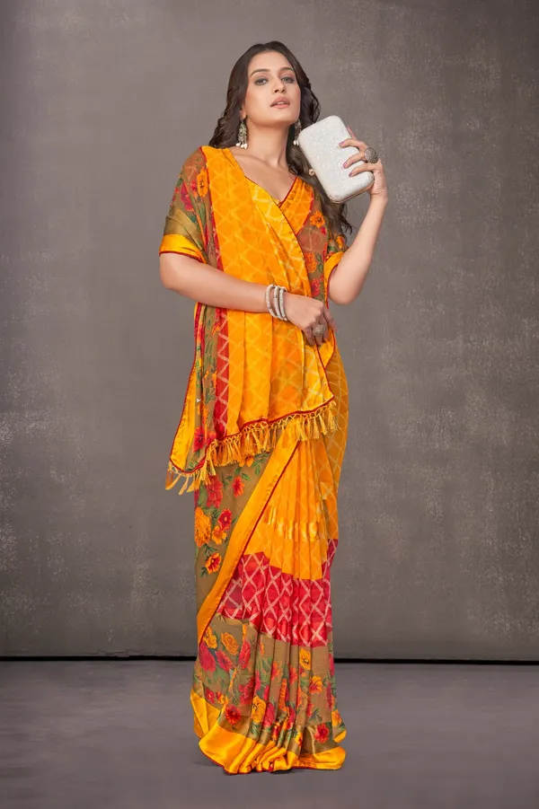 Yellow_Printed_Saree_With_Floral_Embroidered_Dupatta_And_Orange_Blouse