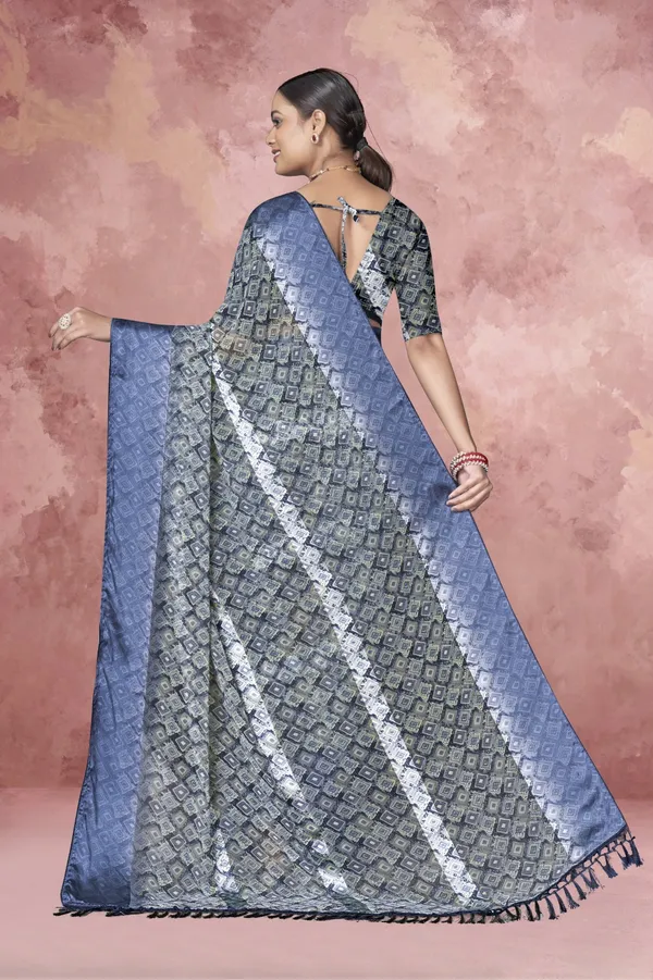 Blue_And_Silver_Printed_Silk_Saree_With_Blouse