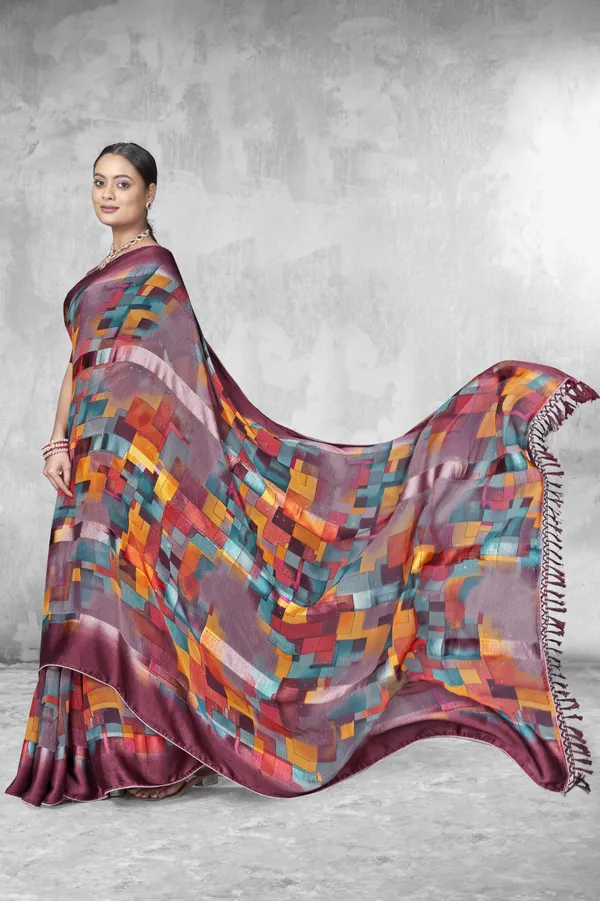 Multicolor_Geometric_Print_Satin_Silk_Saree_With_Maroon_Border