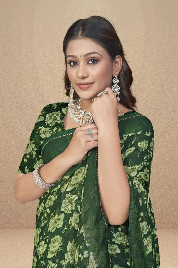 Green_Floral_Print_Georgette_Saree_With_Matching_Blouse