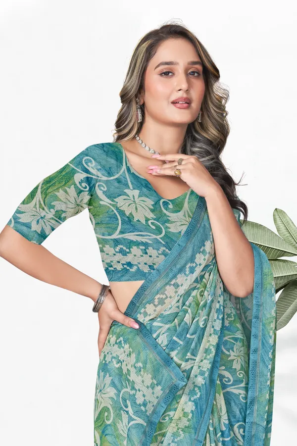 Turquoise_Blue_&_Green_Floral_Printed_Saree_With_Matching_Blouse
