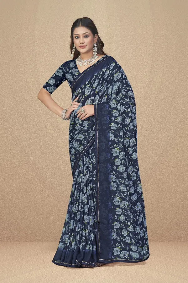 Navy_Blue_Floral_Printed_Saree_With_Matching_Blouse