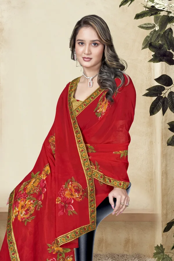 Red_Floral_Embroidered_Saree_With_Golden_Border_And_Blouse