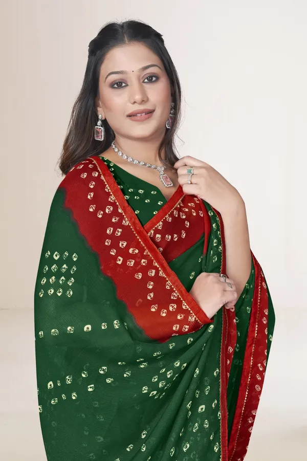 Green_And_Red_Bandhani_Saree_With_Traditional_Tie_Dye_Pattern