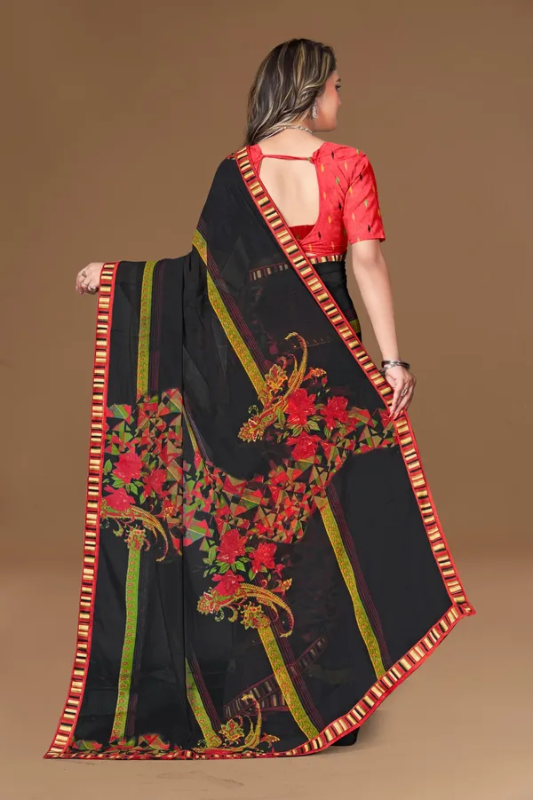 Black_Floral_Print_Saree_With_Red_Blouse_And_Striped_Border