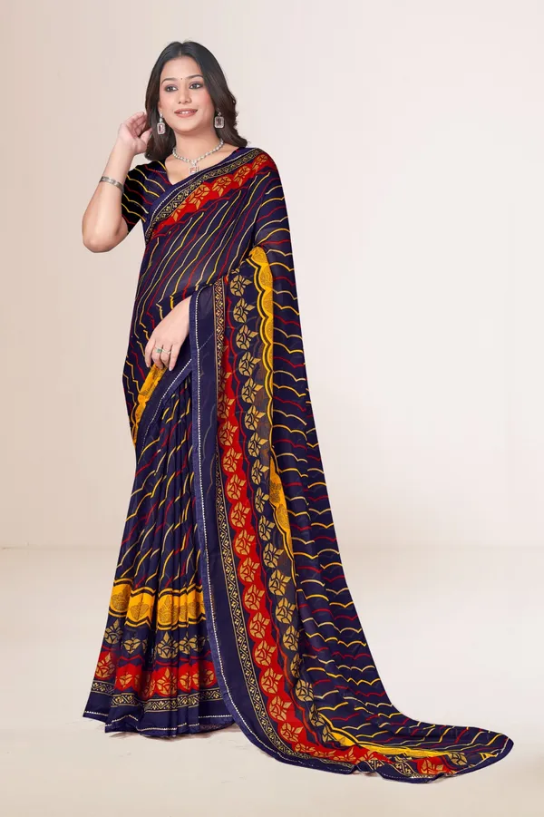 Navy_Blue_Lehariya_Print_Saree_With_Red_And_Yellow_Border