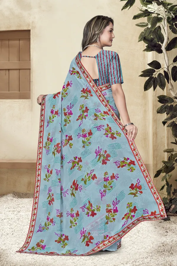 Sky_Blue_Floral_Printed_Saree_With_Embroidered_Border_And_Striped_Blouse