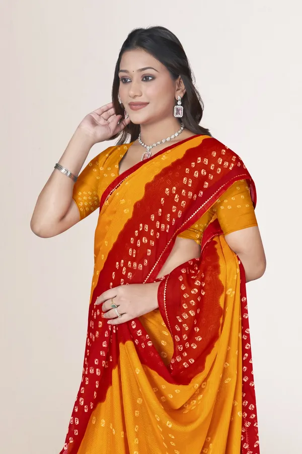 Traditional_Bandhani_Saree_In_Yellow_And_Red_With_Golden_Border