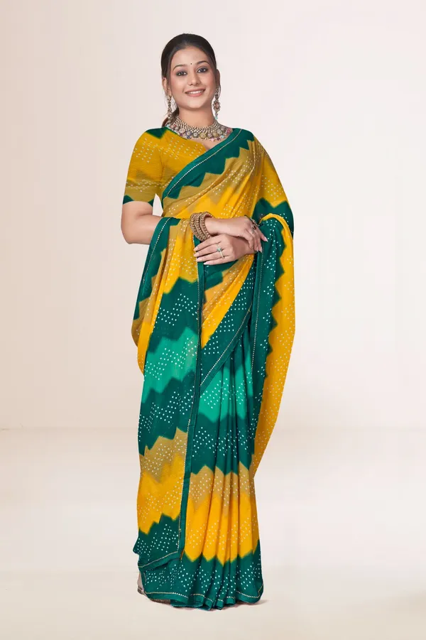 Yellow_And_Green_Bandhani_Saree_With_Blouse