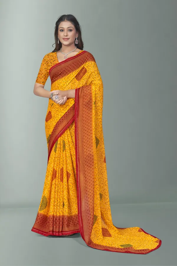 Yellow_Bandhani_Print_Saree_With_Red_Border_And_Blouse