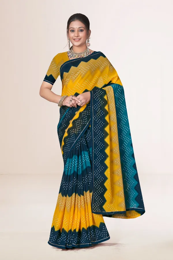 Yellow_And_Teal_Bandhani_Tie_Dye_Saree_With_Blouse_Piece