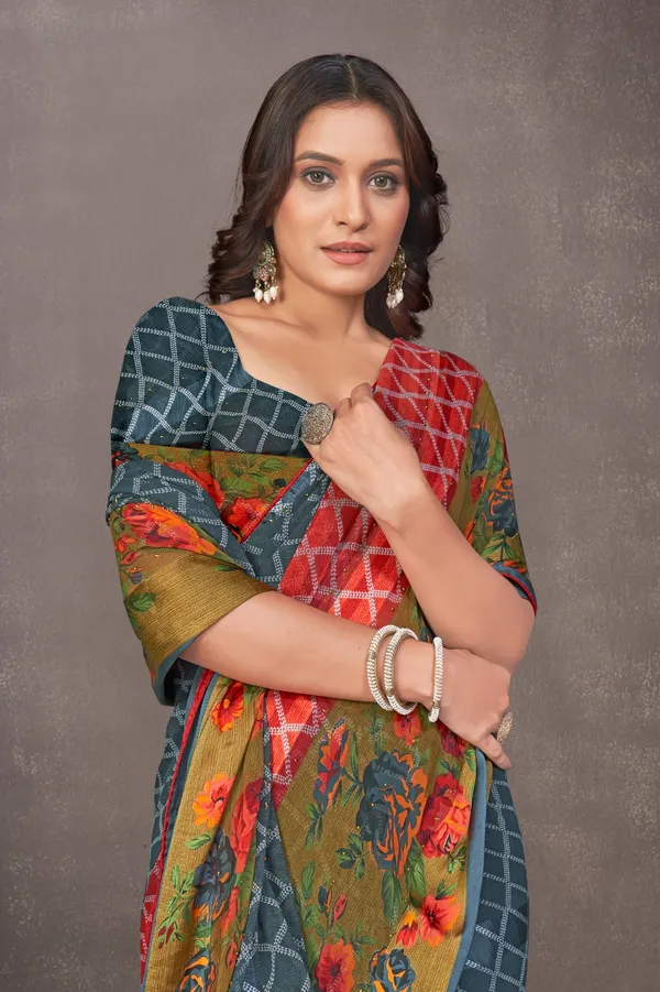 Multicolor_Checkered_Floral_Print_Saree_With_Blouse