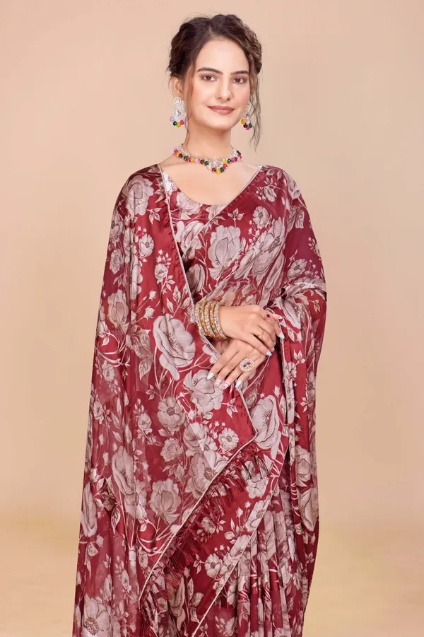 Maroon_Floral_Print_Saree_With_Matching_Blouse
