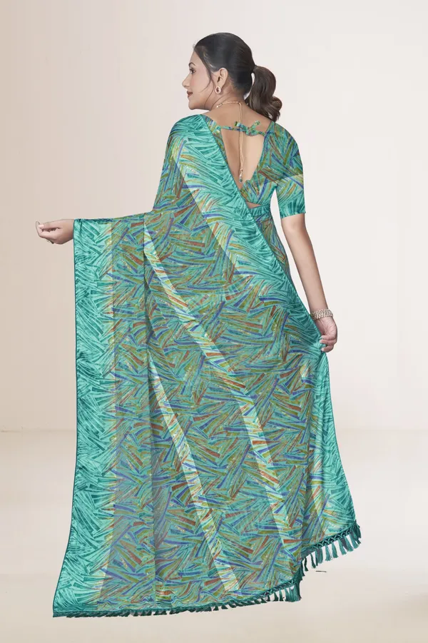 Turquoise_Printed_Saree_With_Matching_Blouse