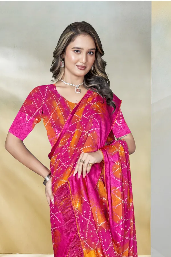 Vibrant_Pink_And_Orange_Bandhani_Tie_Dye_Saree_With_Blouse_Piece