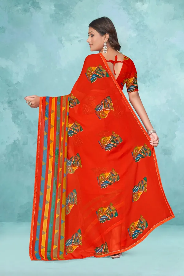 Vibrant_Orange_Printed_Saree_With_Multicolor_Border