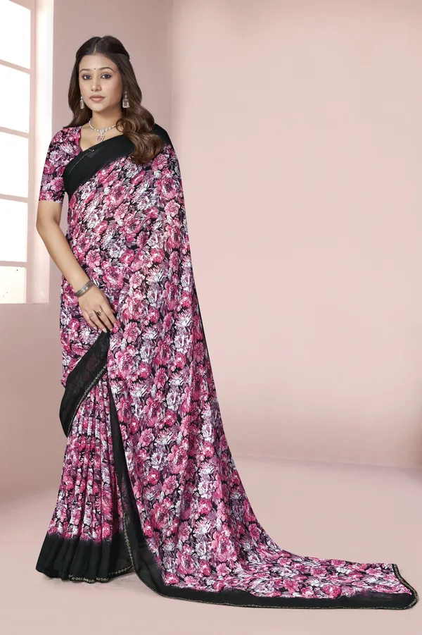 Pink_Floral_Print_Saree_With_Black_Border_And_Matching_Blouse