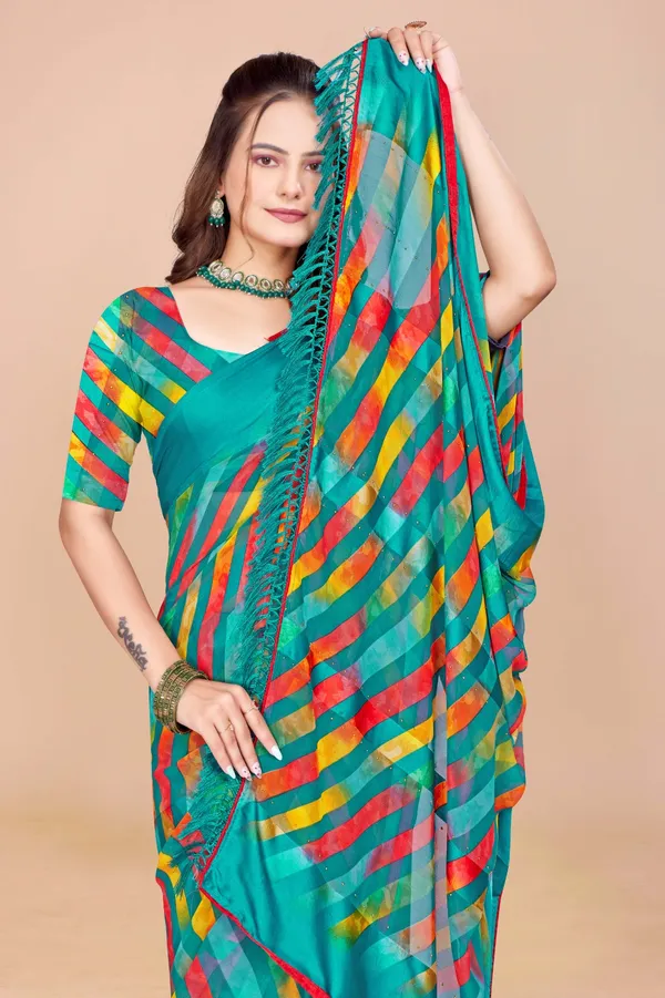 Vibrant_Multicolor_Striped_Saree_With_Turquoise_Base