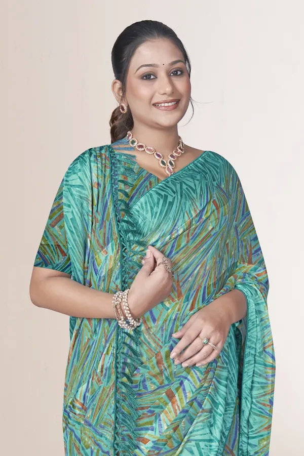 Turquoise_Printed_Saree_With_Matching_Blouse