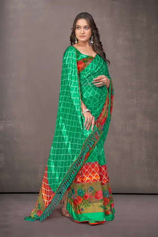 Multicolour_Silk_Saree_With_Floral_Dupatta_And_Checkered_Pattern