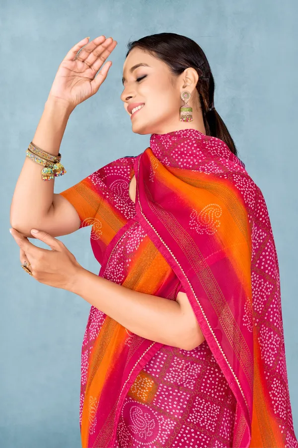Pink_And_Orange_Bandhani_Print_Saree_With_Contrast_Border