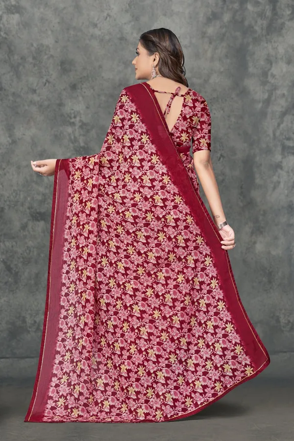 Pink_Floral_Print_Georgette_Saree_With_Maroon_Border