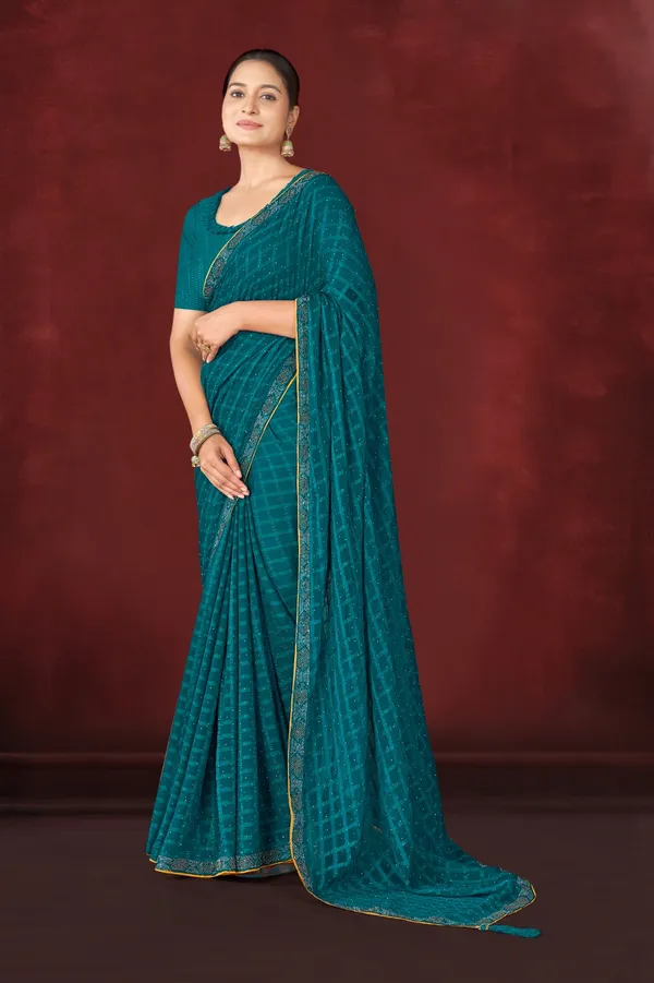 Teal_Blue_Embellished_Georgette_Saree_With_Blouse