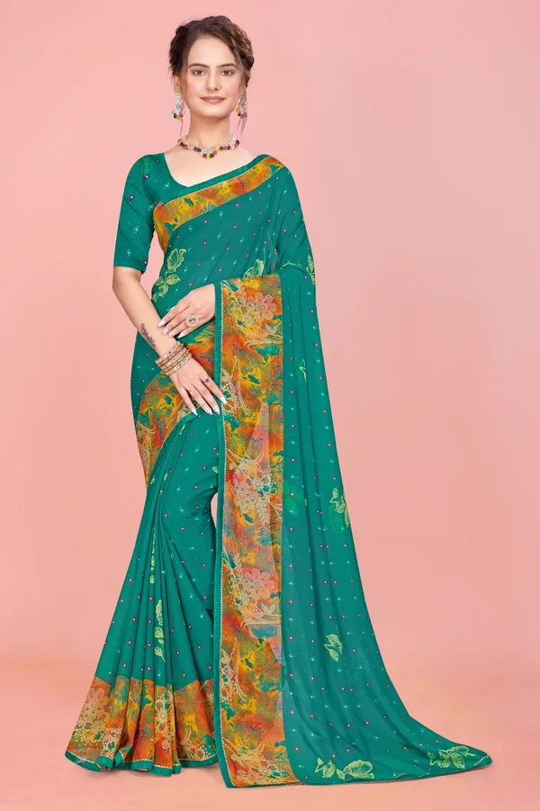 Teal_Green_Georgette_Saree_With_Floral_Border_And_Sequin_Embellishments