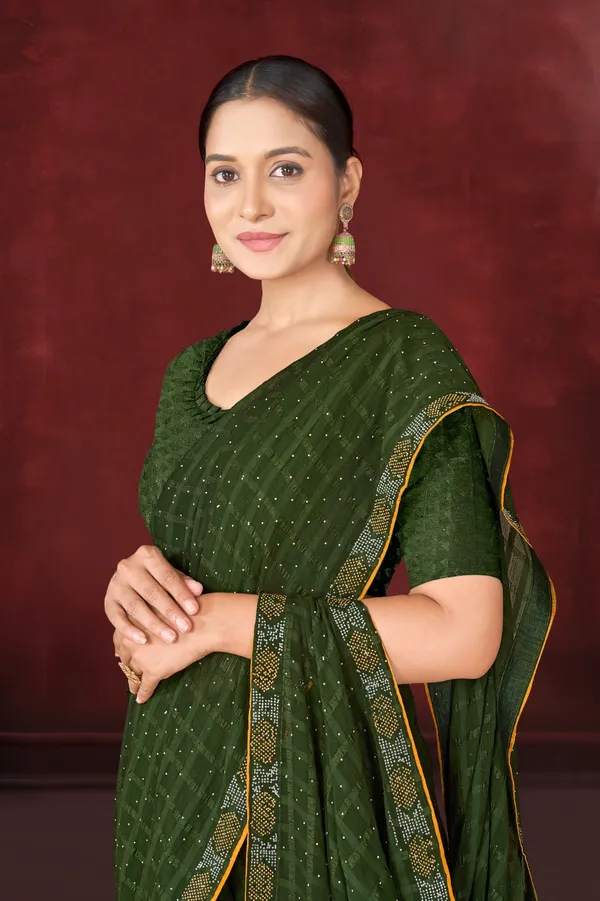 Dark_Green_Sequin_Embellished_Georgette_Saree_With_Golden_Border