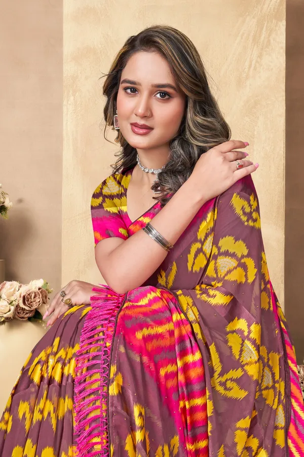 Traditional_Brown_&_Yellow_Printed_Silk_Saree_With_Pink_Border