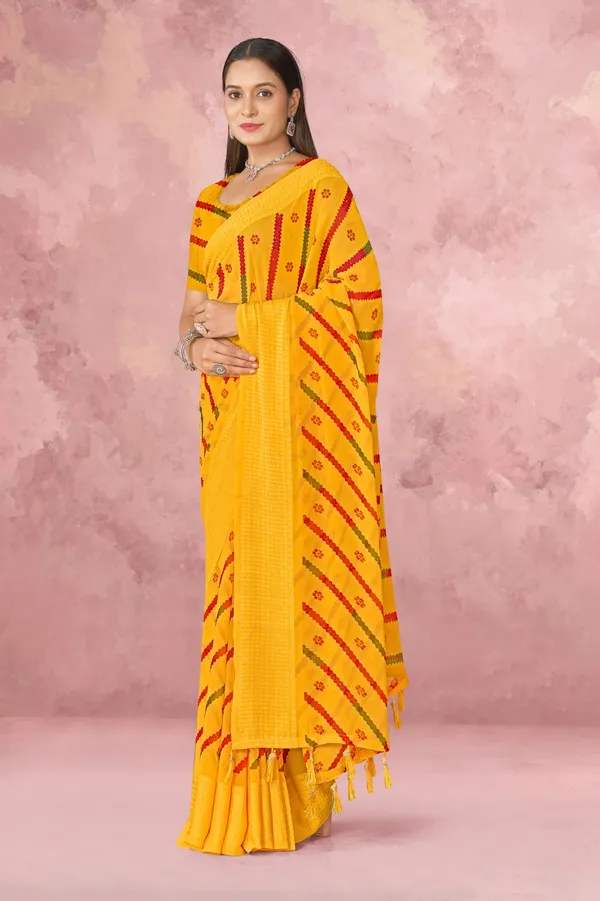 Yellow_Bandhani_Print_Georgette_Saree_With_Red_Leheriya_Pattern