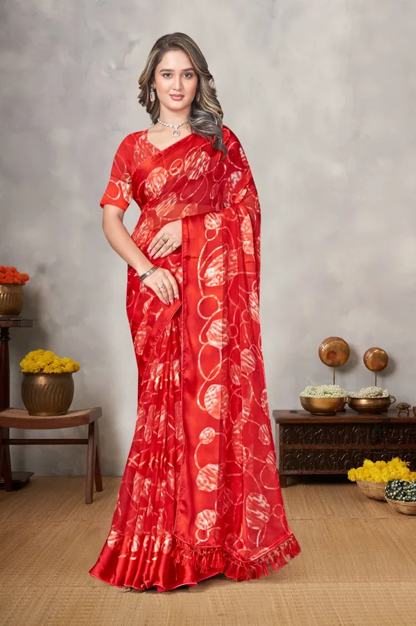 Red_Silk_Blend_Printed_Saree_With_Floral_Pattern