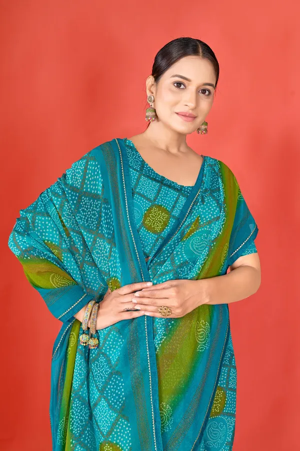 Turquoise_Blue_And_Green_Bandhani_Print_Saree_With_Blouse