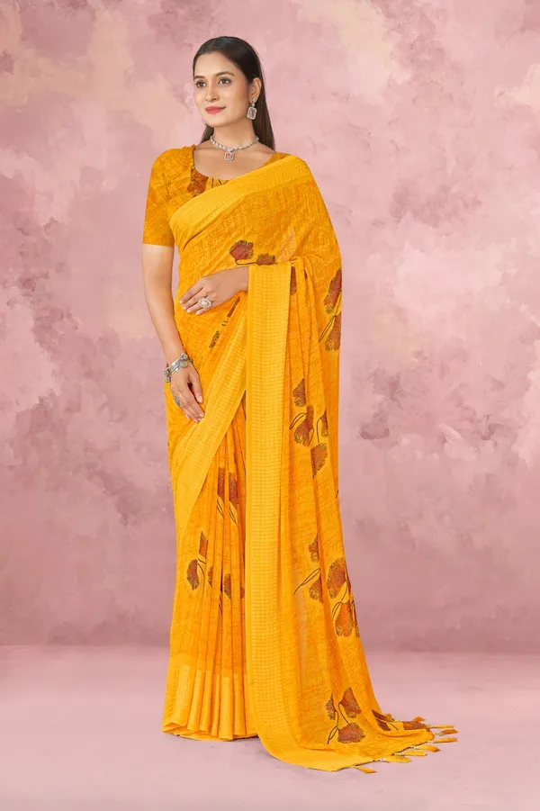Yellow_Floral_Print_Saree_With_Blouse