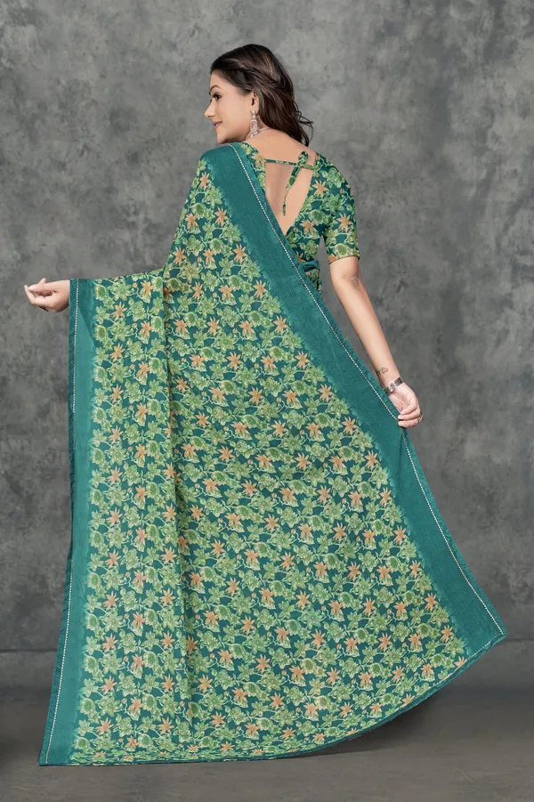 Green_Floral_Print_Georgette_Saree_With_Matching_Blouse