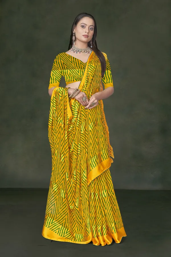 Yellow_And_Green_Bandhani_Print_Georgette_Saree_With_Ruffled_Border