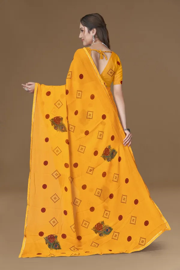 Yellow_Bandhani_Saree_With_Floral_Embroidery_And_Maroon_Polka_Dots