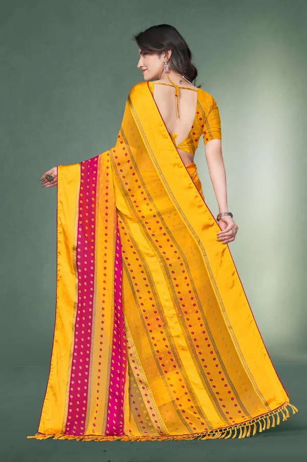 Yellow_And_Pink_Bandhani_Print_Saree_With_Mirror_Work
