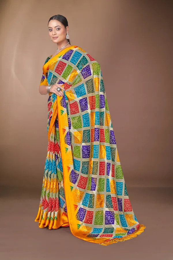 Multicolor_Checkered_Bandhani_Silk_Saree_With_Yellow_Border
